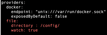 Il faut indiquer à Traefik d’utiliser les fichiers de configuration ci-dessus. Voici les lignes à rajouter dans le fichier traefik.yml. Il faut indiquer à Traefik d’utiliser les fichiers de configuration ci-dessus. Voici les lignes à rajouter dans le fichier traefik.yml.