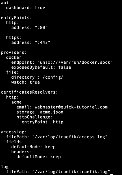 Créer le fichier de configuration de base de Traefik (attention à l’indentation). Voici un exemple que vous pouvez prendre et modifier à votre guise en fonction de vos contraintes avec gestion des certificats HTTPS via Let's Encrypt. Créer le fichier de configuration de base de Traefik (attention à l’indentation). Voici un exemple que vous pouvez prendre et modifier à votre guise en fonction de vos contraintes avec gestion des certificats HTTPS via Let's Encrypt.