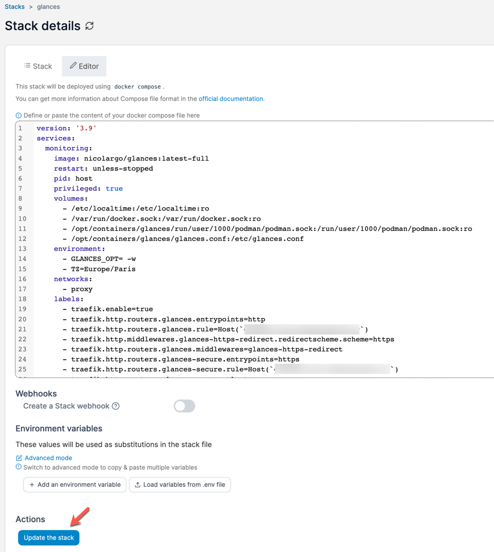 Utiliser Portainer pour créer un stack de Glances Utiliser Portainer pour créer un stack de Glances