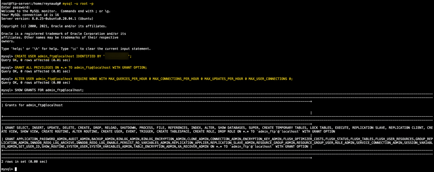 Nous allons créer un utilisateur Mysql afin de ne pas utiliser l'utilisateur administrateur de Mysql pour administrer notre base de données utilisateurs FTP et lui affecter des droits d’admin. Nous allons créer un utilisateur Mysql afin de ne pas utiliser l'utilisateur administrateur de Mysql pour administrer notre base de données utilisateurs FTP et lui affecter des droits d’admin.