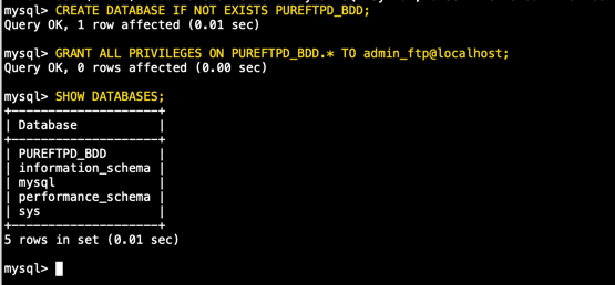 On crée maintenant une base de données en donnant les droits sur cette base au nouvel utilisateur Mysql admin-ftp, créé précédemment On crée maintenant une base de données en donnant les droits sur cette base au nouvel utilisateur Mysql admin-ftp, créé précédemment