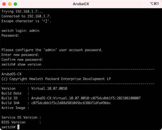 Vous avez maintenant accès à votre switch Aruba OSCX virtuel. Vous avez maintenant accès à votre switch Aruba OSCX virtuel.
