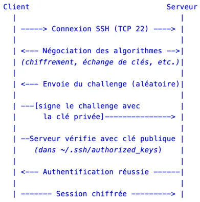 Schéma simple qui récapitule les différentes étapes pour se connecter en SSH sans mot de passe avec l'utilisation des clés SSH Schéma simple qui récapitule les différentes étapes pour se connecter en SSH sans mot de passe avec l'utilisation des clés SSH