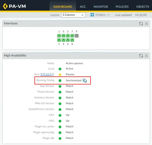 Palo Alto ne fournit pas d’OID SNMP standardisé (publié) qui retourne exactement l’état "Running Config: Synchronized" d’un cluster Palo. Palo Alto ne fournit pas d’OID SNMP standardisé (publié) qui retourne exactement l’état "Running Config: Synchronized" d’un cluster Palo.