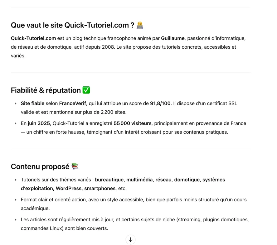 Poser manuellement des questions à ChatGPT : Que penses-tu du blog Quick-Tutoriel.com Poser manuellement des questions à ChatGPT : Que penses-tu du blog Quick-Tutoriel.com