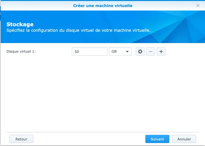 Saisissez la taille de votre disque. Ici j’ai choisi 50Go car se sera une machine de test. Saisissez la taille de votre disque. Ici j’ai choisi 50Go car se sera une machine de test.