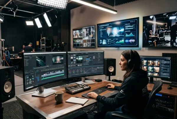 Google AI Studio ou un studio IA professionnel : Quelle différence Studio IA en action: moniteurs multiples et poste de montage vidéo dans un studio, ambiance professionnelle.