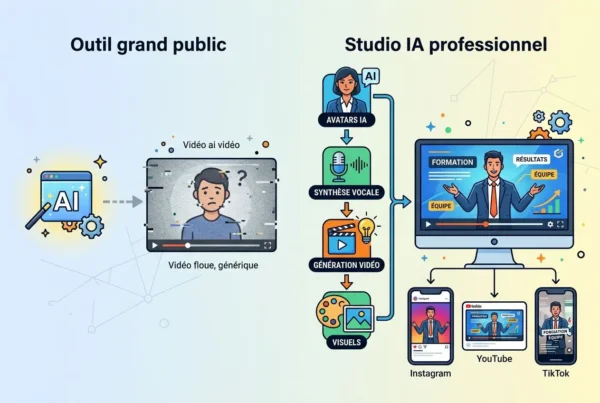 Gemini et les outils grand public face aux exigences de marque Studio IA professionnel: diagramme montrant formation, synthèse vocale et génération vidéo alignées avec outils d’affichage sur écran et réseaux sociaux.