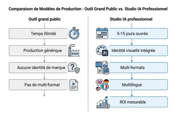 Quel modèle choisir pour vos vidéos d'entreprise Comparaison graphique: outil grand public vs studio IA professionnel montrant temps illimité, production générique, absence d’identité de marque et pas de multi-formats à gauche; identité visuelle intégrée, multi-formats, multilingue et ROI mesurable à droite avec studio IA.